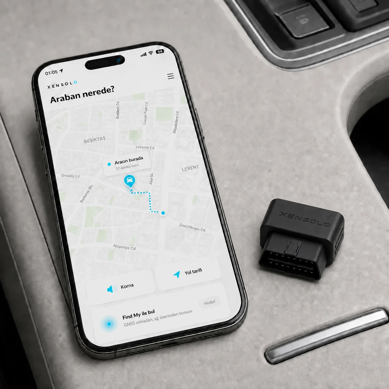 Kompakt, LED'siz XENSOLO cihazını bulmaya yönelik konsept Find My deneyimi